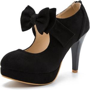 fereshte Womens Bow Heels Mary Jane Shoes Removable Bow Closed Toe Chunky Heel Dress Pumps, EU 39/ US Women's 8