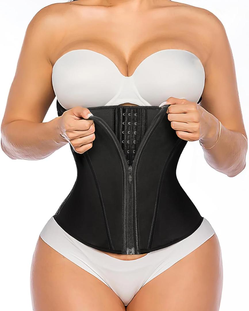 YIANNA Waist Trainer for Women Latex Underbust Tummy Control Waist Cincher Corset Hourglass Body Shaper Zipper and Hooks (Black, M)