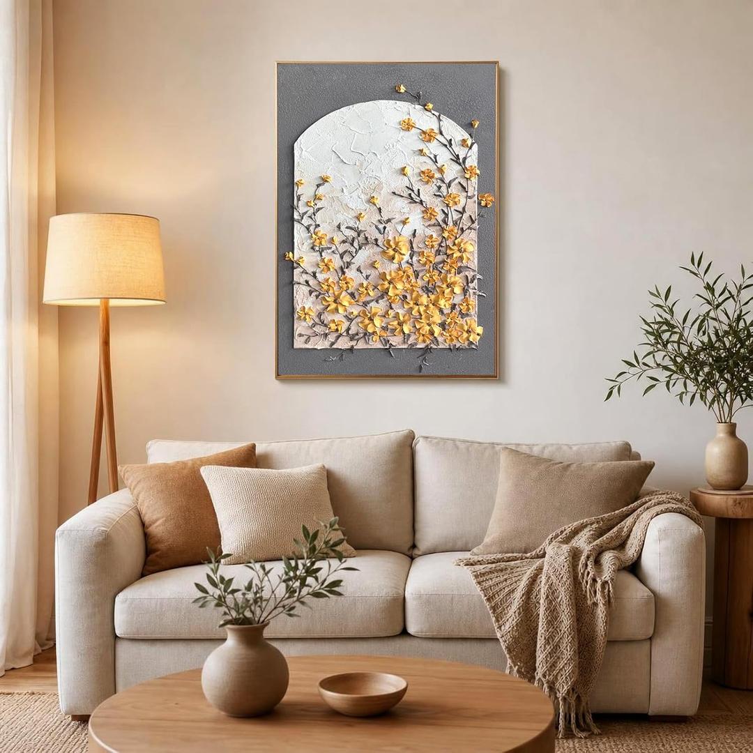 3D Textured Boho Floral Wall Art for Hallway,Hand Pained Yellow Flower Oil Painting Decor for Living Room,Metal Framed Artwork for Kitchen Ready to Hang 28x40inches
