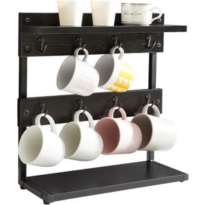 IBUYKE Rustic Coffee Mug Holder Stand, 2 Tier Countertop Mug Tree Holder Rack with Storage Base, Vintage Mug Holders for Kitchen, Holds 8 Mugs, Black UTBJ002B