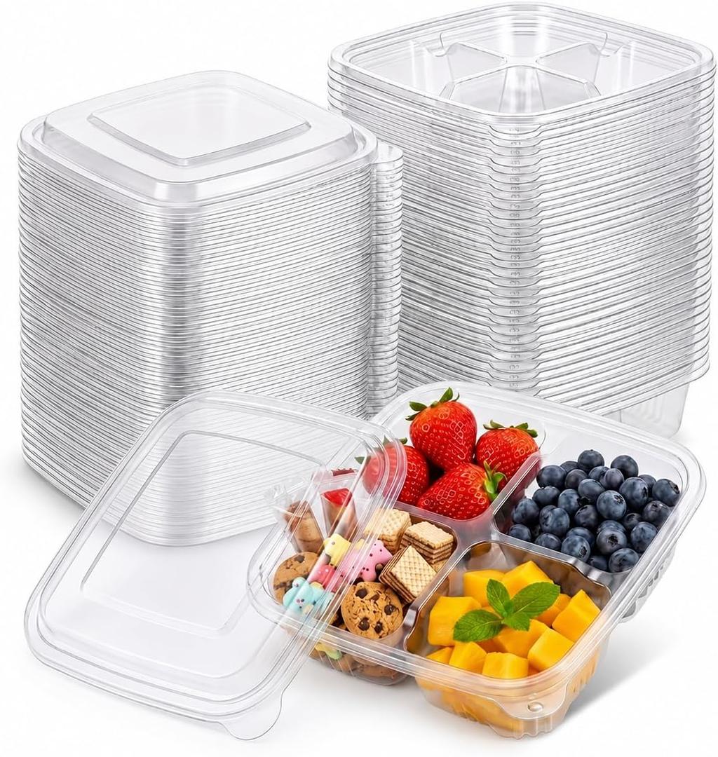 50 Pcs Snack Containers, 4 Compartment Bento Box with Lids, Plastic Food Storage Containers for Work Travel Camping(Clear)