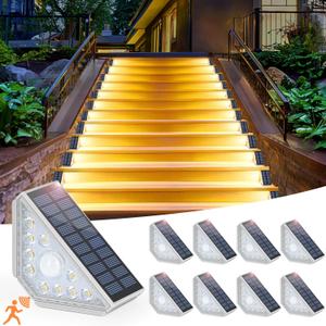 Motion Sensor Solar Stair Lights Outdoor, 8-Pack Super Bright LED Solar Powered Step Lights for Outside, 550LM IP67 Waterproof Outdoor Sensor Lights for Stair Porch Yard Deck, Warm White