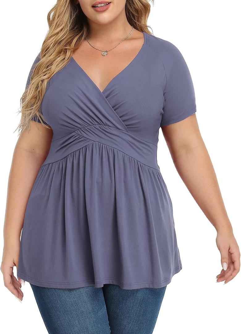 Women's Plus Size Short Sleeve Tops V Neck Casual Cute Tunic Top | Plus Size Tops, Womens Blouses Dressy, Everyday Wear Tops, Soft Transitional Top, Casual Office Layering, Basic Wear (Blue, XXL)
