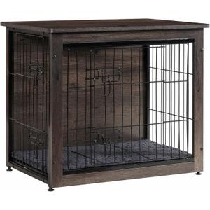 DWANTON Dog Crate Furniture with Cushion, Wooden Kennel Table with Double Doors, Indoor Dog House, Small/Medium/Large/Extra Large Size, 27.2" L, Dark Gray