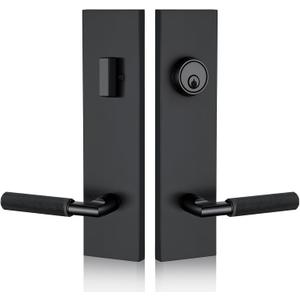 Matte Black Front Door Handle with Knurled Grip Durable Entry Lock Set with Deadbolt, Exterior Lever & 3 Keys, Fits Left & Right Hand Doors (Keyed Handleset, Matte Black)