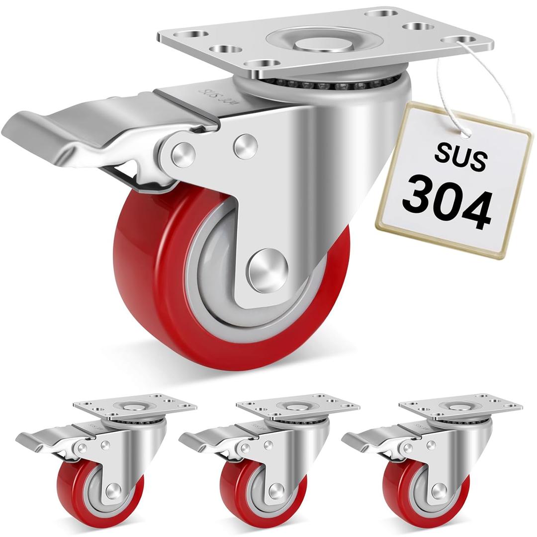 W B D WEIBIDA Stainless Steel 3 Inch Caster Wheels with Brake, Rust-Proof Heavy Duty 304 Casters Set of 4, Anti-Corrosion Industrial Castor for Furniture, Labs, Hospitals, Restaurants