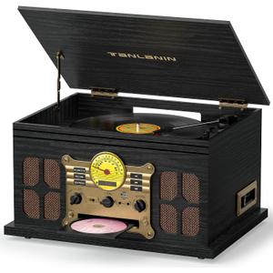 10-in-1 Bluetooth Record Player with Speakers, CD/Cassette, Black