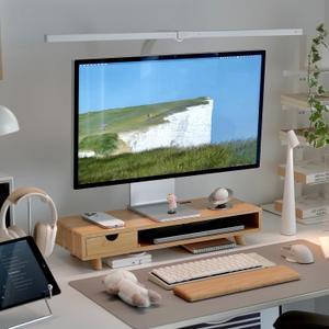 Bamboo Monitor Stand Riser with Drawer, Ergonomic Computer Riser for Desk with Cable Management & Storage Organizer, Wood Monitor Stand for Home Office