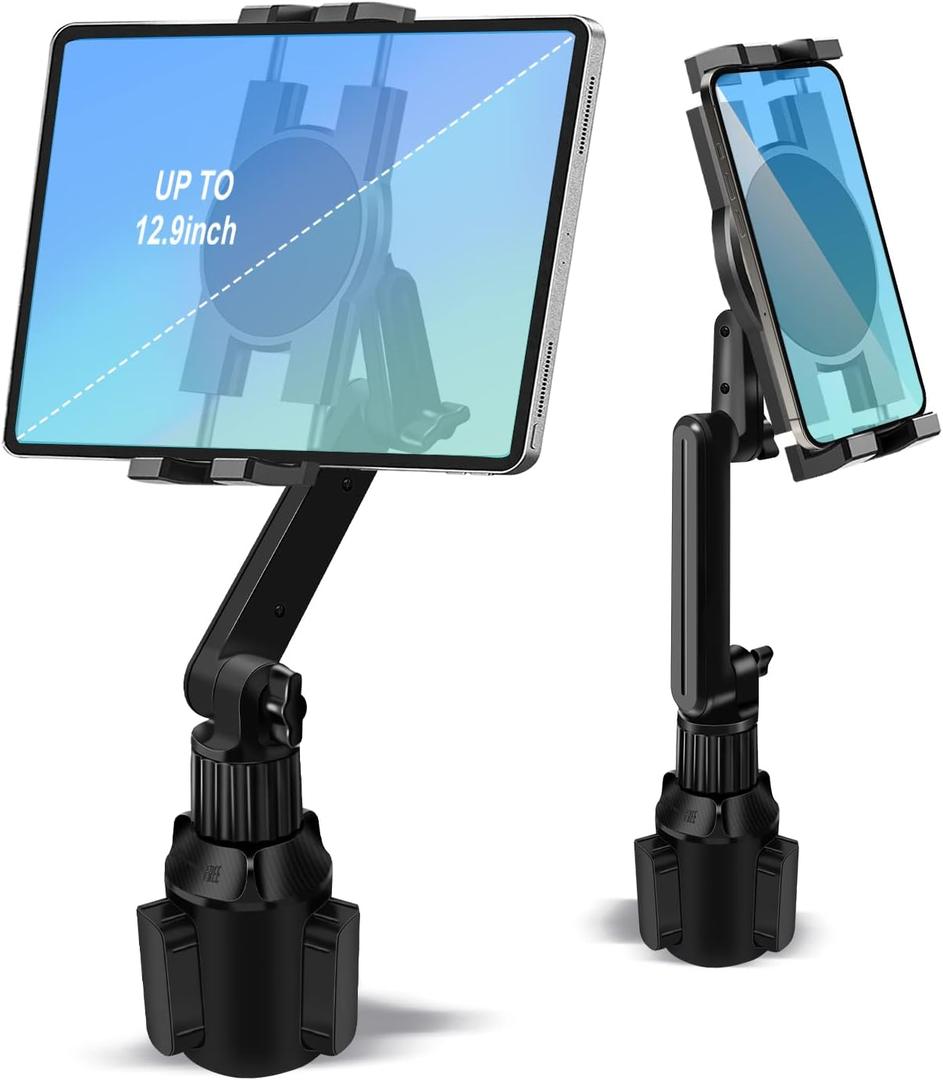 Cup Holder Car Tablet Mount for Truck, 360 Adjustable 15" Long 2-Arm Stand Holder for iPad Pro 12.9/11/10.5/9.7/Air/Mini 6/5/4, Galaxy Tab/Z Fold 6/5/4, iPhone 17/16/Pro, 4.7-12.9" Tab &Phone