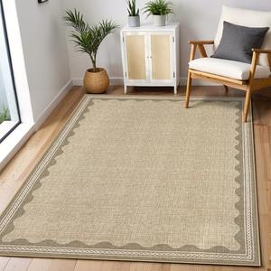 GarveeHome Scalloped 3x5 Rug Washable Non-Slip Low-Pile Indoor Rugs for Entryway Solid Tan Jute Digital Printing Modern Carpet for Kitchen Bedroom Living Room Bathroom Indoor Mat