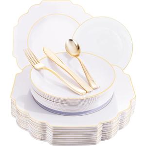 Supernal 150pcs Gold Plastic Dinnerware include White and Gold Disposable Square Plates,Gold Plastic Silverware Perfect for Birthday,Party,Wedding,Bridal Shower