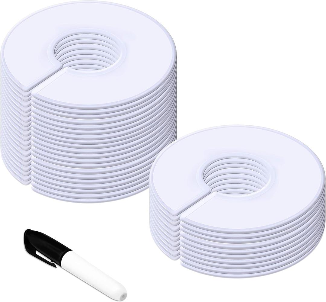 30 Pack White Round Clothing Size Closet Rack Dividers Hangers with 1 Bonus Marker (Outer 3.5, Inner 1.38 in Diameter)