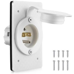 1 Pack 15AMP Straight Blade Flanged Male Power Inlet Receptacle, 15 A, 125V NEMA 5-15P Integrated Nylon Faceplate Body and Rubber Waterproof Cover Electrical Outlet for Home/car/Boat/RV Inlet (White)