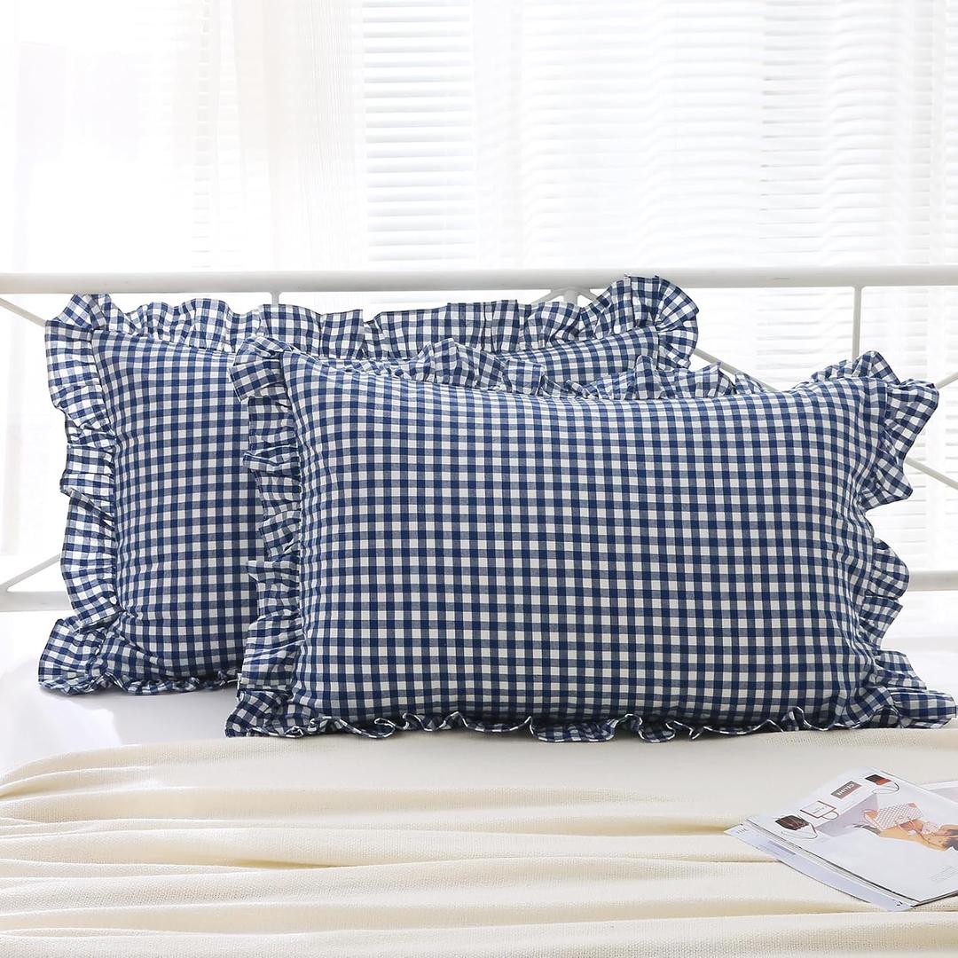 2 Pack Navy Blue White Plaid Ruffle Gingham Pillow Shams Standard Size, 100% Washed Cotton Checkered Farmhouse Shabby Pillowcases for Bed/Sofa Envelope Closure - 20''x26''