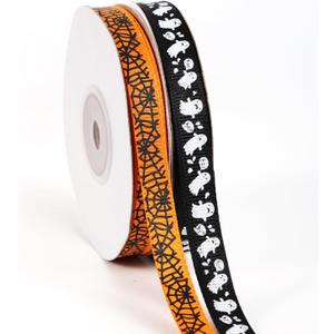 2 Rolls 50 Yards Halloween Ribbons, Orange Black & White Ghost Spider Web Printed Grosgrain Ribbon for Bow Wreath Gift Wrapping Halloween Decorations Sewing DIY Crafts