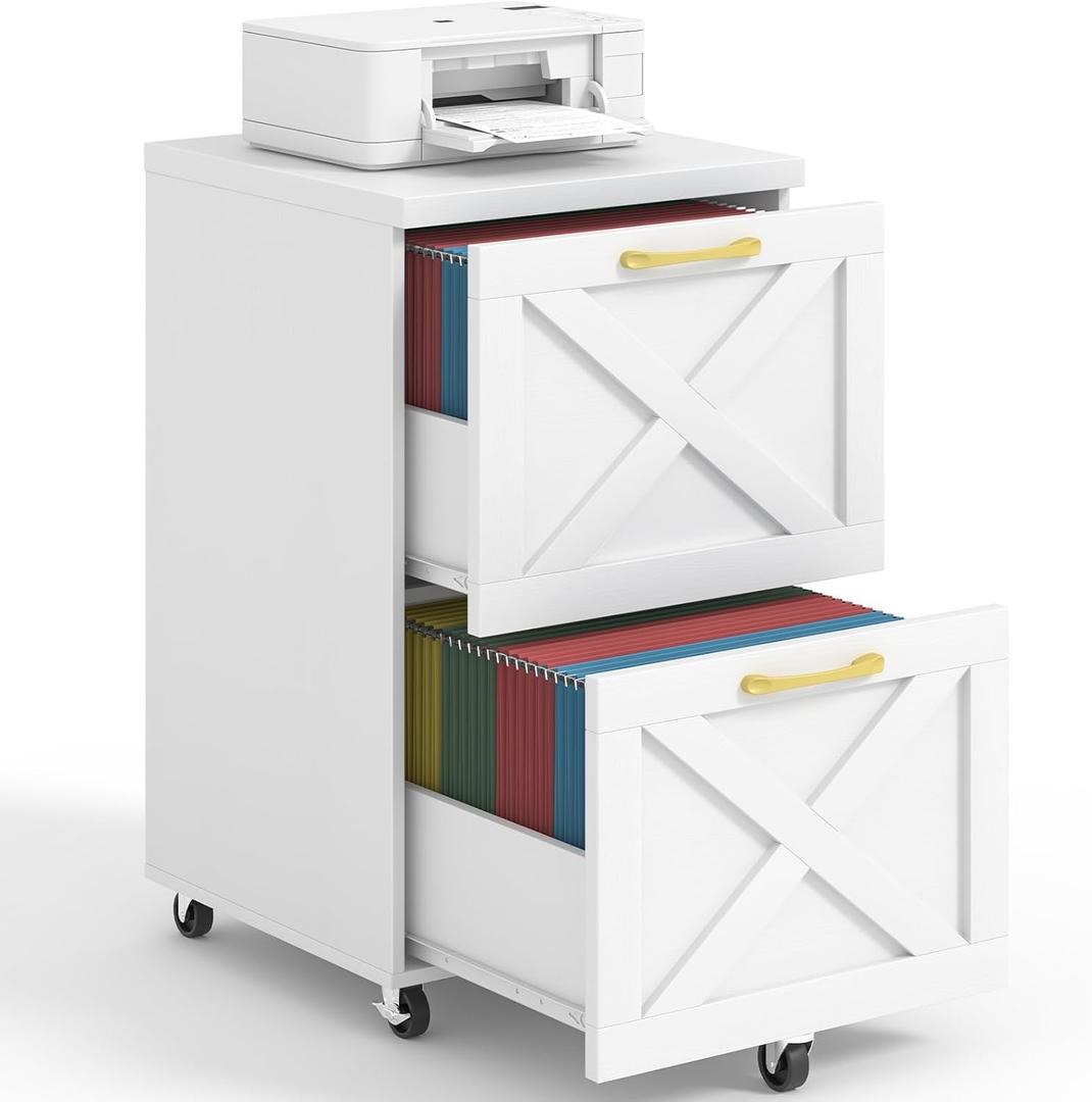 2 Drawer Small File Cabinet with Wheels, Farmhouse Vertical Filing Cabinet Fits A4/Letter Size, Under Desk Rolling File Cabinets for Home Office, Wooden Printer Stand, White