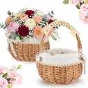 Weysat 2 Pcs Small Flower Girl Basket with Handle, Fabric Liner, Wicker Rattan Flower Basket Set, Rustic, Cute, Hand Woven for Wedding Girl Home Decorations Picnic Garden Candy Sweets Gifts Storage