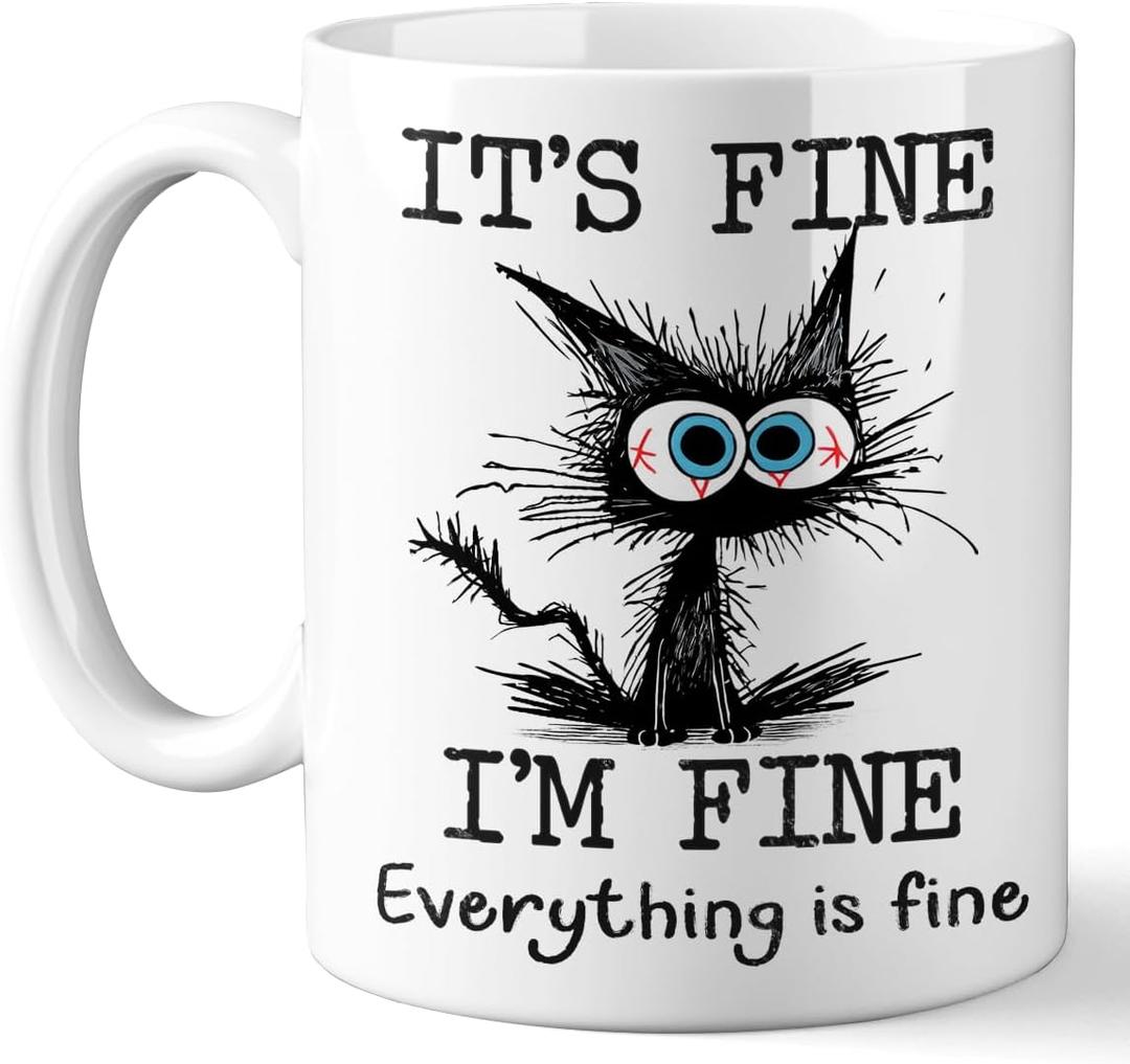 Funny Black Cat Coffee Cups, Its Fine Everything is Fine, Christmas Birthday Gifts for Cat Lovers, Funny Coffee Mug for Women, Men, Humor Office Mug, 11 Oz Ceramic Coffee Mugs (Color 3)