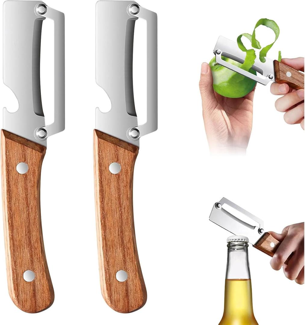 2PCS Multifunctional Vegetable Peeler, 2-in-1 Multifunctional Stainless Steel Peeler, Zero Snag Wooden Peeler, Potato Fruit Pumpkins Kitchen Peelers with Bottle Opener