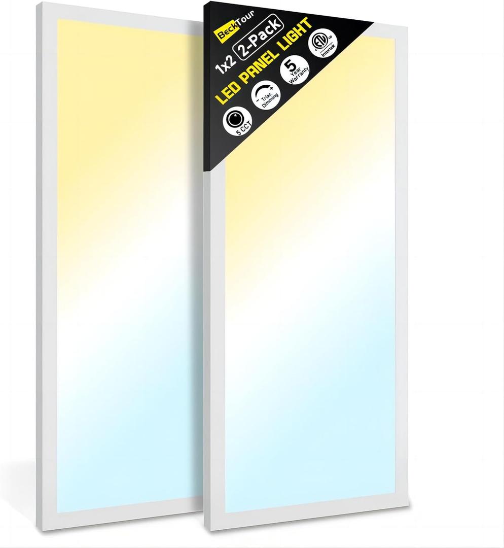 1x2 LED Flat Panel Surface Mount 2-Pack, Dimmable 24W 2880LM Ceiling Light with 5CCT (3000K-6000K), Ideal for Office, Home, Garage (White)