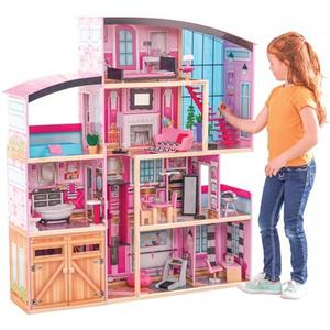 KidKraft Wooden Dollhouse Shimmer Mansion for 12" Dolls | Over 4 Feet Tall, Garage, For 12-Inch Dolls, DIY Pink Doll House, Gift for Ages 3+