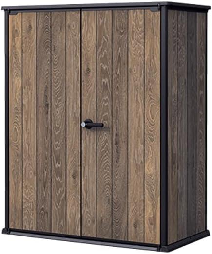 Keter Signature Collection Vertical Ft All-Weather Storage Shed with Skylight, Window, Built-in Ventilation, Customizable Walls, & Lockable Double Doors, Walnut