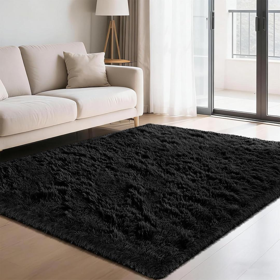 Fluffy Rug Shaggy Area Rug, Black 4x6 Area Rugs for Bedroom, Small Bedside Rug, Soft Fluffy Shaggy Entryway Throw Rugs for Living Room Bedroom Kids Room Home Decor