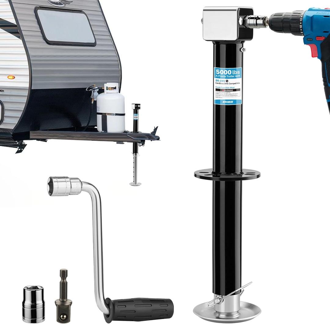 Kohree Upgraded 5000 lbs A-Frame Trailer Jack, 20-24V Cordless Drill Compatible, Adjustable RV Tongue Jack with Drop Leg & Drill Socket for Utility Yacht Boat Camping Trailer, 25" Vertical Travel