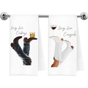 Western Cocktail Kitchen Towels, Gifts for Whiskey Lovers, Espresso Martini Gifts, Long Live Cowgirls Cowboys Decorative Dish Tea Hand Towels for Kitchen, 16x24 Inch Set of 2 longlive2