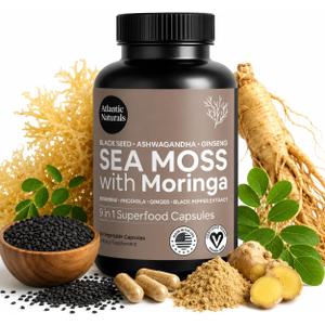 Sea Moss Capsules – Irish Sea Moss with Black Seed Oil, Ashwagandha, Moringa, Ginseng & Ginger for Energy, Vitality & Wellness – Seamoss Nutritional Supplement – Made in USA – 60 Capsules, Best By 11/2028