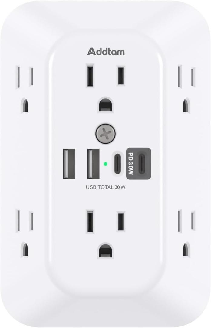 Addtam Surge Protector Outlet Extender, 6-Outlet Splitter with 4 USB Wall Charger(PD 30W), Multi Plug Wall Outlet 1800J Power Strip for Home Office Dorm Room Essentials (White)