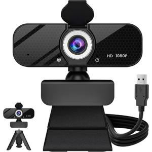 1080P HD Webcam with Built-in Microphone, Rotatable Tripod, Wide-Angle Lens,Privacy Cover, Auto Light Correction, Plug & Play USB-A Webcam for Laptop, Desktop, PC, Streaming-Black