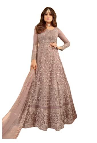 Heni Fashion Indian Pakistani Party Wear Wedding Wear Designer Net Embroidered Long Anarkali Suit Anarkali Gown For Women Purple, L
