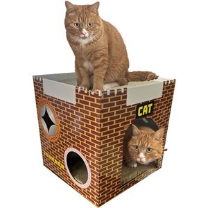 Cardboard Cat House with 2 Story Scratch Pads, Cat Play House for Indoor Toy, Scratch and Grind Claws, 12.5x12.5x12.5 Inch for Cats (RED)