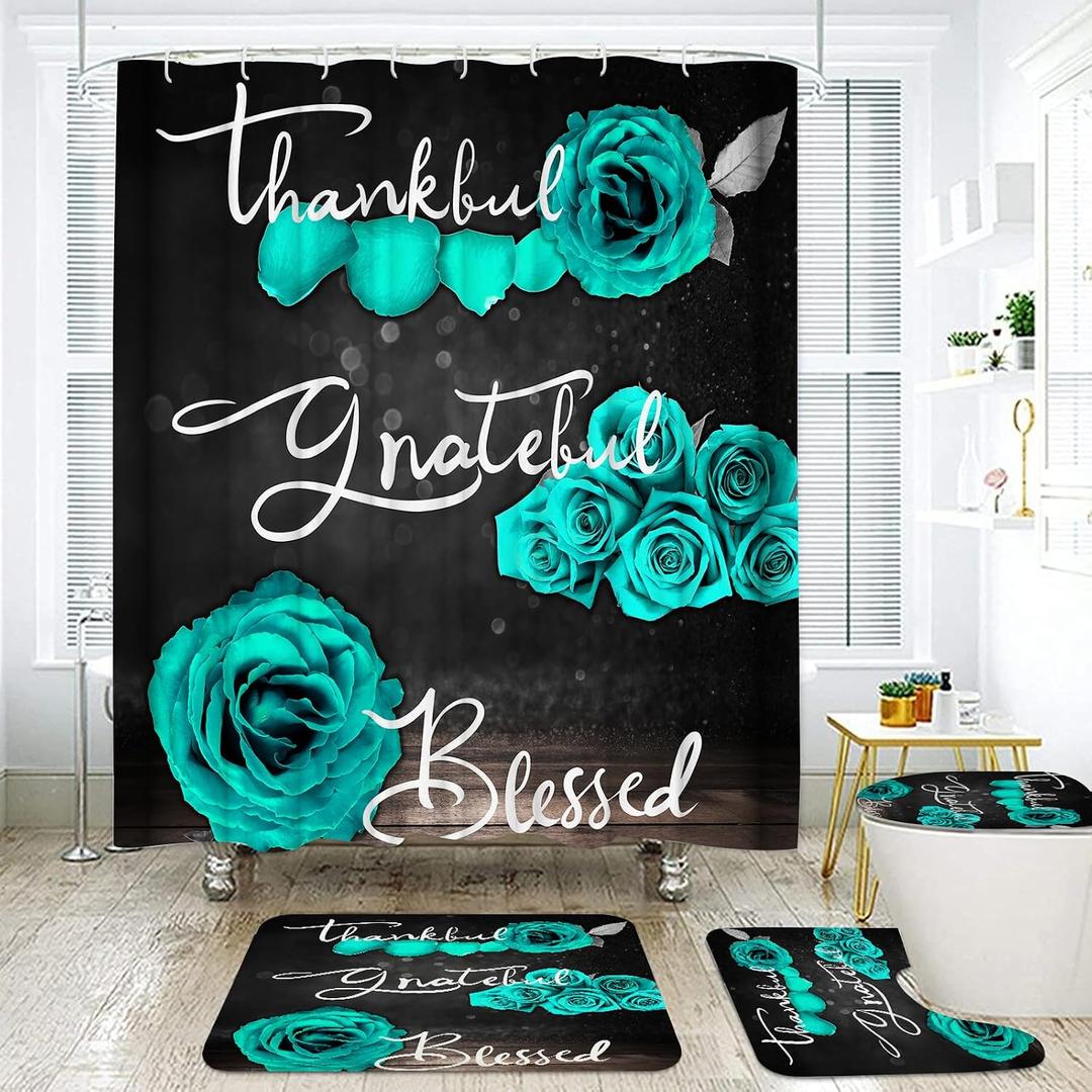 Onalasyc 4Pcs Green Rose Shower Curtain Set with Rugs Waterproof Bathroom Sets with Shower Curtain and Rugs Romantic Rose Floral, Thankful Grateful Blessed Bathroom Curtains Shower Set,with 12 Hooks