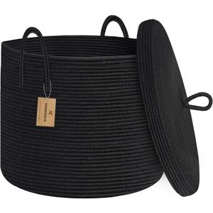 18" X 14" Large Black Basket with Lid, Cotton Rope Storage Basket for Blanket, Toy, Pillow, Towel, Living Room Bedroom Storage Bin, Wicker Woven All Black Organizing Bin with Cover