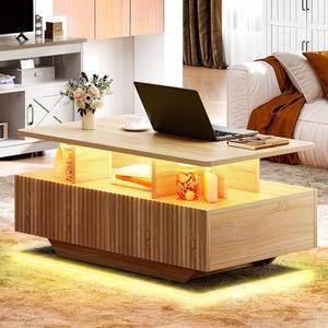 YITAHOME LED Coffee Tables for Living Room, Fluted Farmhouse Coffee Table with Storage 4 Drawers and Open Compartment, Modern Rectangle Coffee Tables Small Wood Tables for Home Decor, Natural Oak