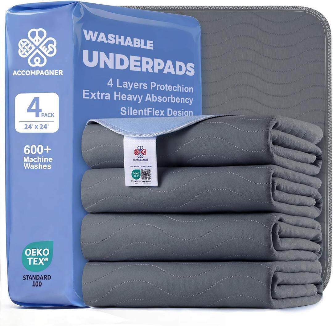 Accompagner Incontinence Bed Pads Washable Waterproof, Ultra-Absorbent Reusable Underpads for Diaper Changing, Nursing, Bedridden, Adults, Seniors, Kids and Dogs (Dark Gray, 24"x24"(Pack of 4))