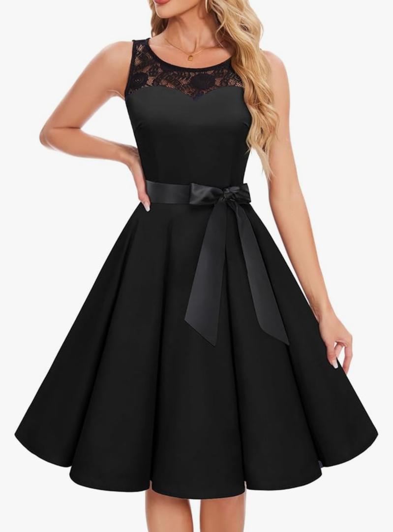 Bbonlinedress Women's 1950s Vintage Rockabilly Swing Dress Lace Cocktail Prom Party Wedding Guest Dress (2XL, Black)