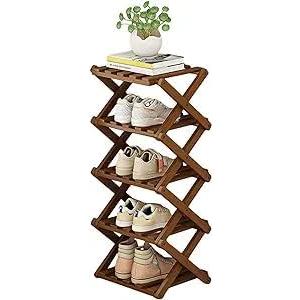 YYW Bamboo Shoe Rack for Entryway,Installation-Free and Foldable Vertical Shoe Storage Organizer,Free Standing Shoe Racks Shelf Closet Shoe Organizer for Living Room (Tawny-5 Layers)