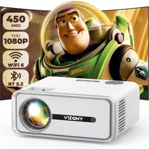 Mini Projector with WiFi and Bluetooth, 450ANSI 1080P FHD Home Movie Projector, Portable Outdoor Projector with 250" Display+Zoom, Compatible w/Phone//Laptop/TV Stick-Indoor&Outdoor (White)