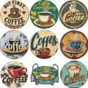 8 Pcs 5D DIY Coffee Theme Diamond Paintings Coasters with Holder for Adults Beginners, Round Full Drill Diamond Art Craft Supplies (QLBD-12)