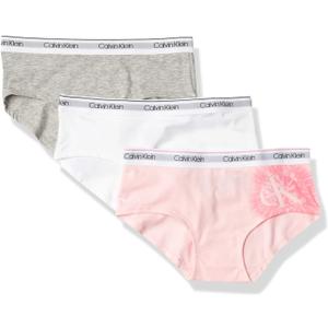 Calvin Klein Kids Girls' Modern Cotton Hipster Underwear 3-Pack (Small, White/Heather Grey/Strawberry Tie-dye)