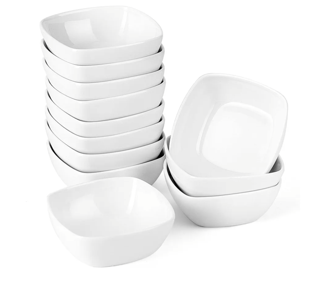 MALACASA 5 oz Porcelain Dip Bowls Set, 12 Pack Small Ramekins, Dipping Sauce Dishes, Stackable Tiny Ramekins for Pudding, Souffle, Brulee, Dessert, Snack, Charcuterie Boards accessories, Oven Safe