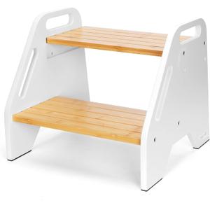Toddler & Kids Step Stool, Adjustable Bamboo Wooden Step Stool with White Side Panels for Kitchen, Bathroom Sink & Toilet, Non-Slip 2 Step Stool, Sturdy Compact Design, 220 lbs Capacity