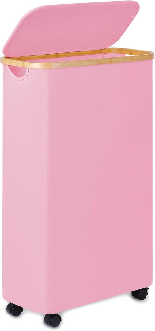 60L Slim Laundry Basket with Wheels, Narrow Hampers for Laundry, Freestanding Laundry Hamper with Lid & Bamboo Handles, Collapsible & Waterproof Tall Cloth Hamper for Dorm Family(Pink)