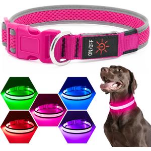 Flashseen LED Dog Collar, Light Up Dog Collar USB Rechargeable, Brightest Dog Lights for Night Walking, Adjustable Dog Collar Light for Dog Safety (Small, Candy Pink)