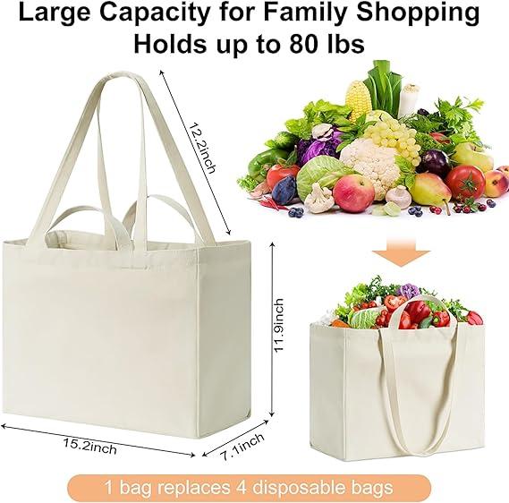 4-10 Pack Large Reusable Grocery Bags Heavy Duty Canvas Shopping Bags Washable Foldable Tote Bag with Handles
 (Beige)