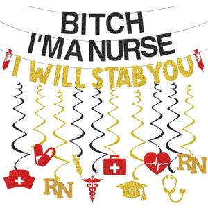 Funny Nurse Nursing Graduation Party Decorations, Glitter Black Gold Banner with Hanging Swirls, Congrats Nurse RN BSN Grad Birthday Party Decor Supplies