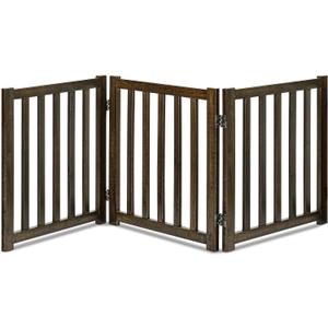 LZRS Solid Hard Wood Freestanding Pet Gate, 3 Panel 24" - Walnut, Oak Wood, for Doorways, Stairs & House, Easy to Assemble & Store, Latch Closure
